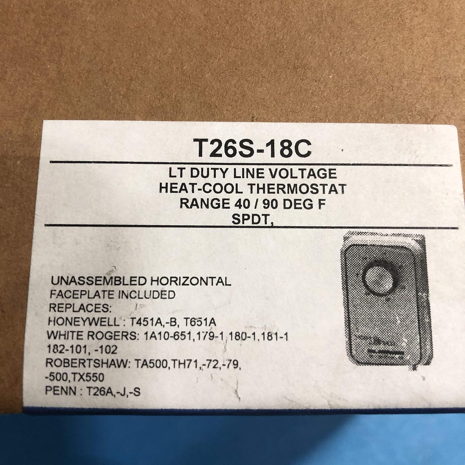 Johnson Controls T26S-18C Line Voltage Wall Thermostat Heating and Cooling Single-Pole Double-Throw 40-90 Degree F Temperature Range