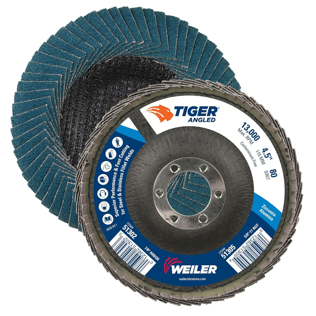 Weiler 51302 Tiger Angled Flap Disc 4-1/2 inch 80Z Grit (Pack of 10)