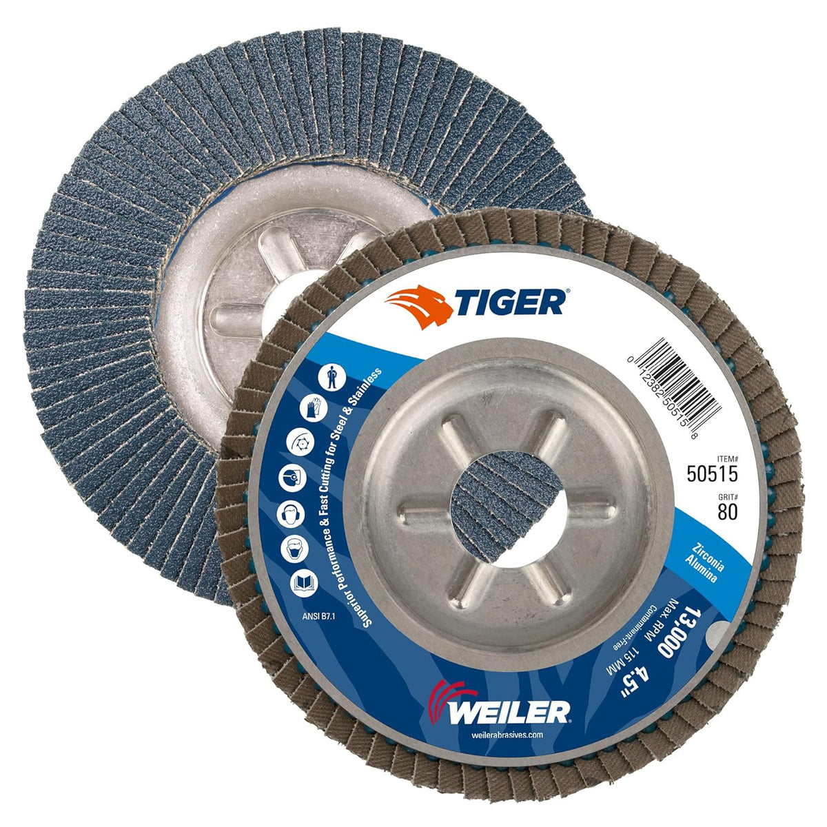 Weiler 50515 Tiger Abrasive Flap Disc Type 29 80 Grit 4-1/2 Inch 7/8 Arbor