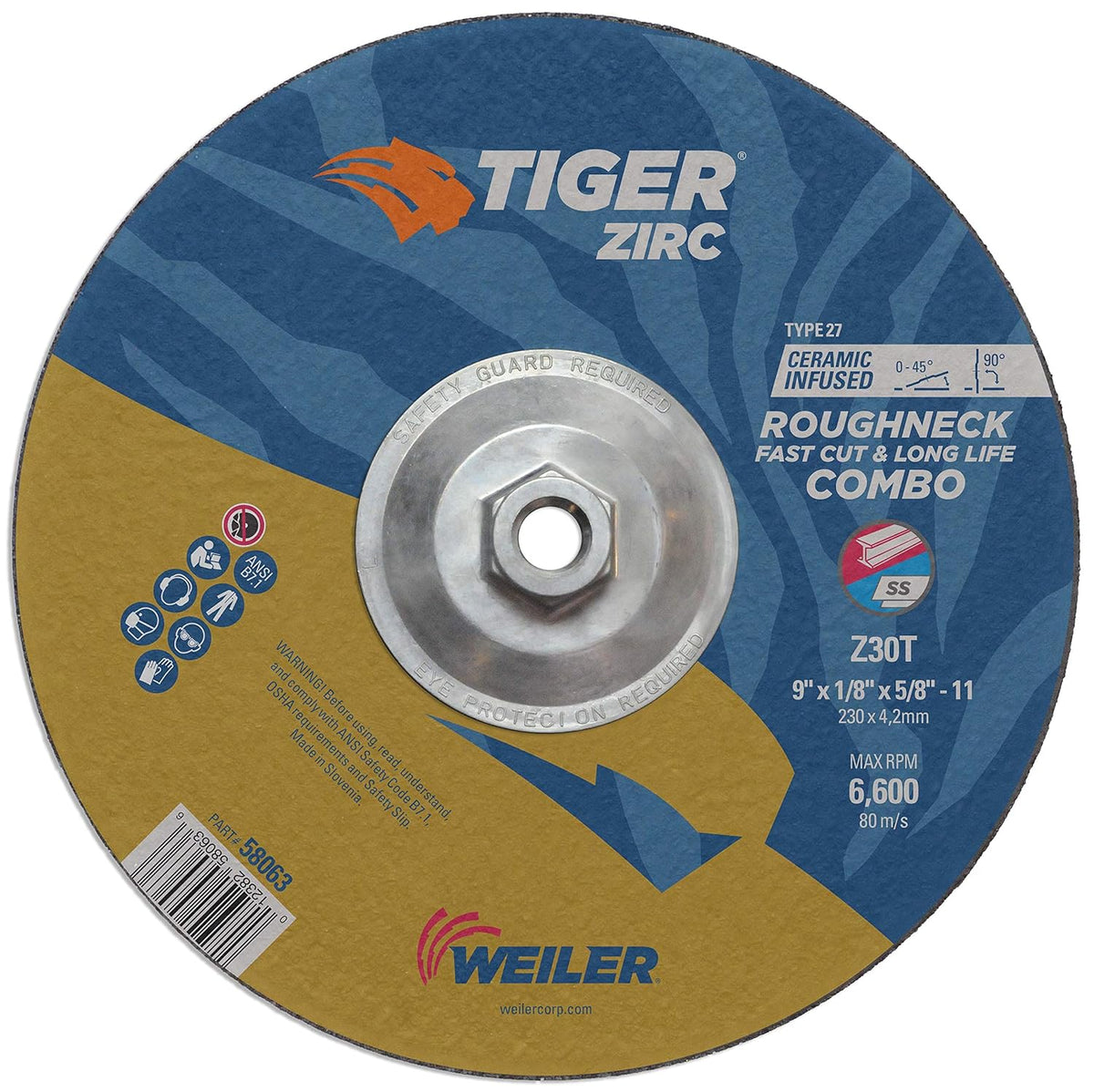 Weiler 58063 9 Tiger Zirc Type 27 Roughneck Pipeline Combo Wheel, Z30T, 5/8-11 Nut (Pack of 10)