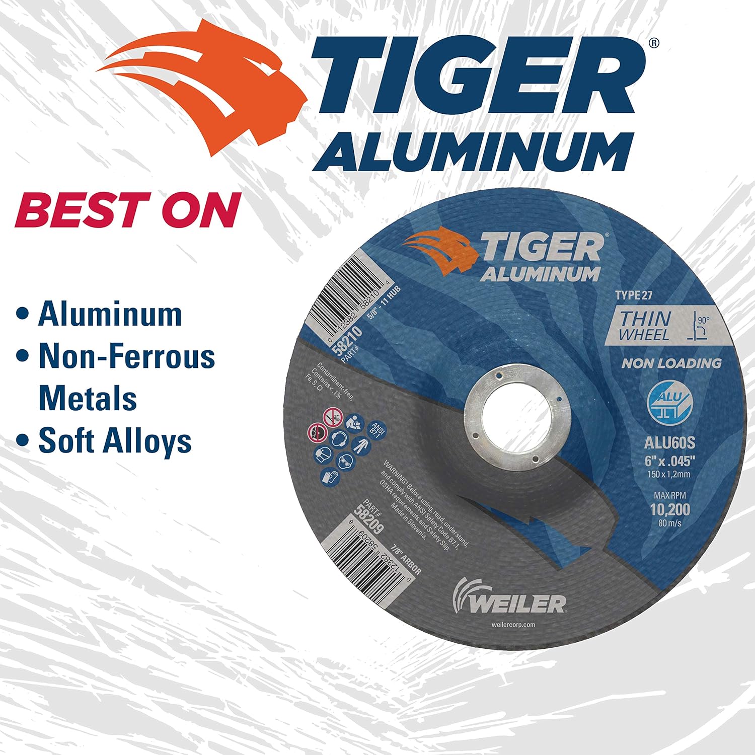 Weiler 58209 6 x .045 Tiger Aluminum Type 27 Cut Off Wheel ALU60S 7/8 A.H (Pack of 25)