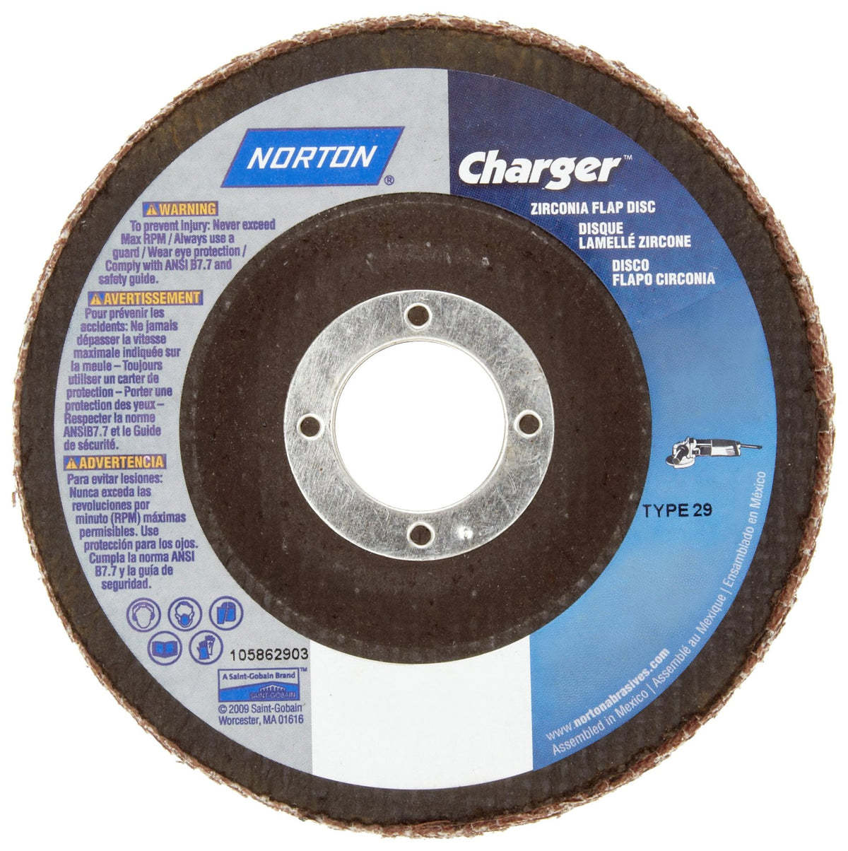 Norton 66261119268 Charger R822 High Performance Abrasive Flap Disc 4-1/2 inches 60 Grit Pack of 5