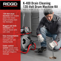 Ridgid 26998 Model K-400 Drain Cleaning 120-Volt Drum Machine Kit with C-45IW 1/2 x 75 Cable