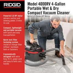 RIDGID 50313 Model 4000RV 4-Gallon Portable Wet and Dry Compact Vacuum Cleaner with 5.0 Peak-HP Motor, 4 gallon, Red