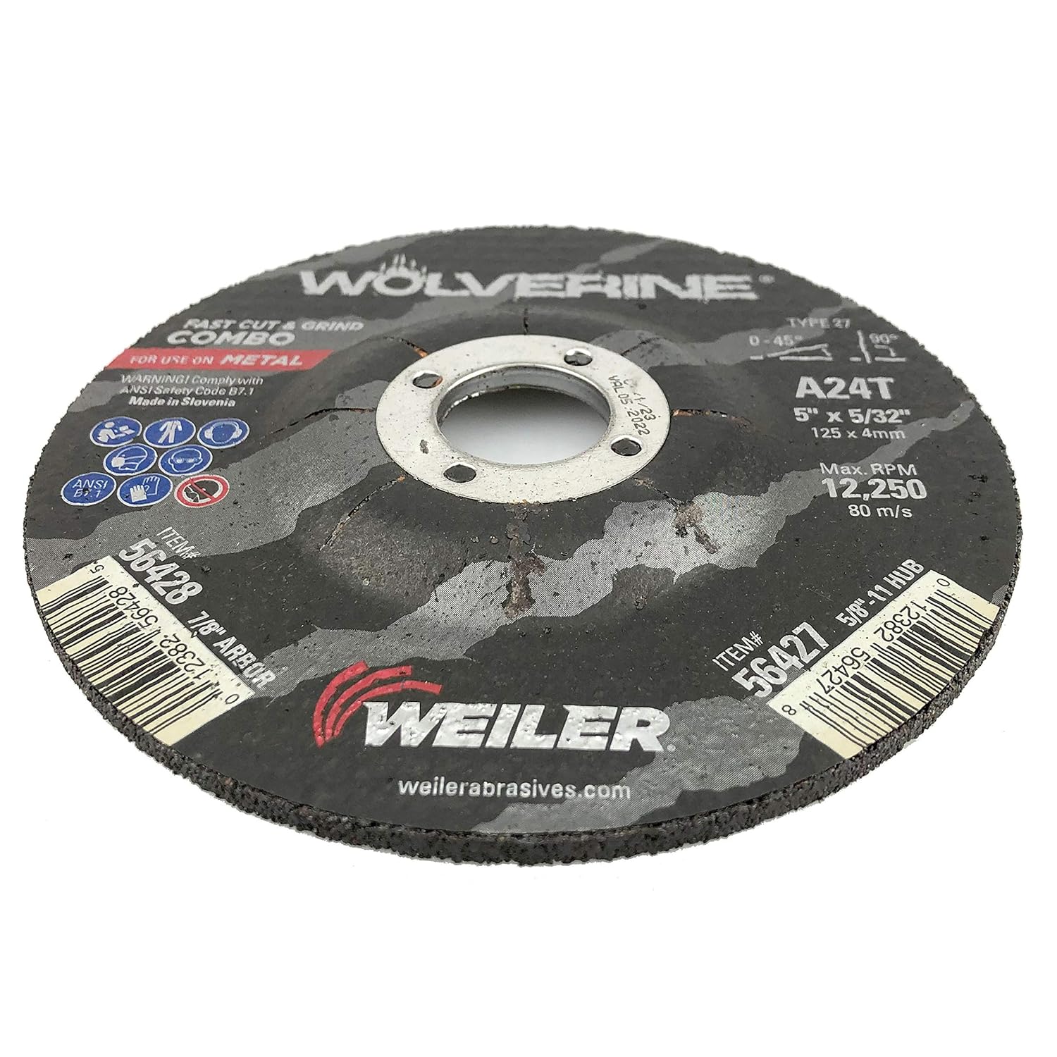 Weiler 56428 Wolverine 7/8 Arbor 1/8 Thickness 5 Diameter A24T Grit Type 27 Cutting And Light Grinding Wheel