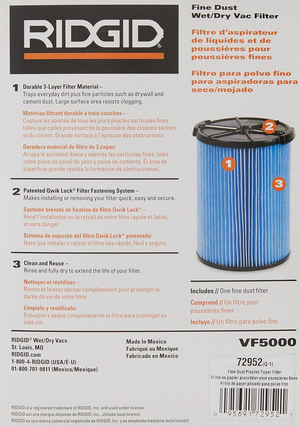 Ridgid 72952 3-Layer Pleated Paper Vacuum Filter for RIDGID 5-20 Gallon Vacuums Green