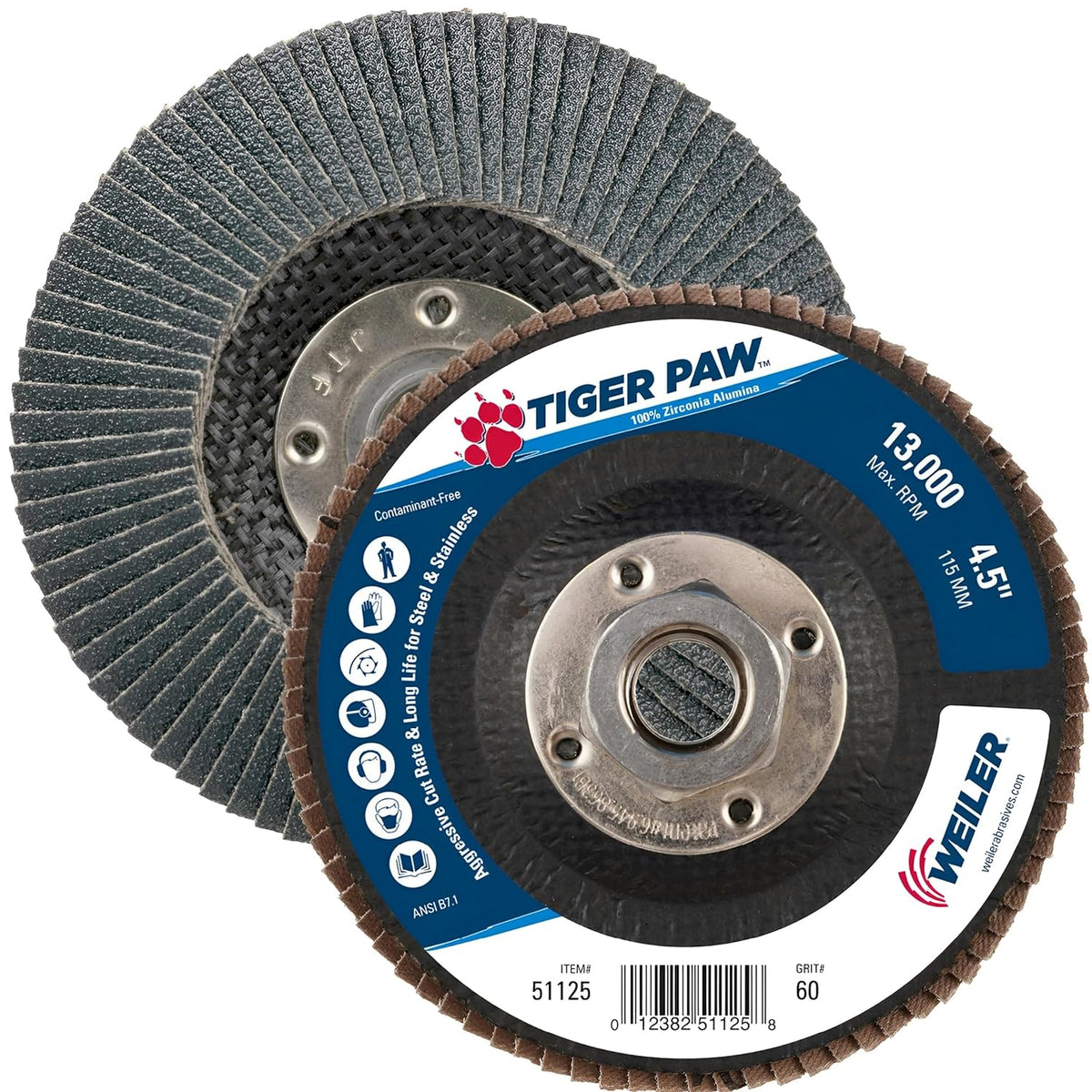 Weiler 51125 Tiger Paw Abrasive Flap Disc 4-1/2 Inch 60 Grit 5/8-11 UNC Nut Pack of 10