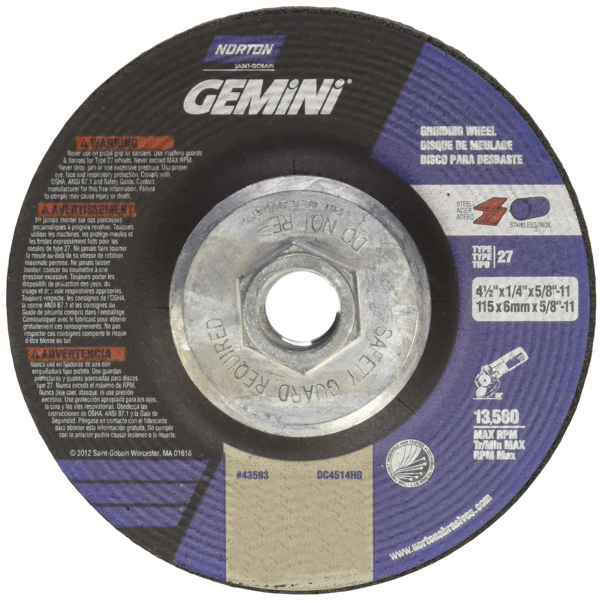 Norton 66252843593 Gemini Depressed Center Abrasive Wheel, 5/8-11 Hub, 4-1/2 Diameter x 1/4 Thickness (Pack of 10)