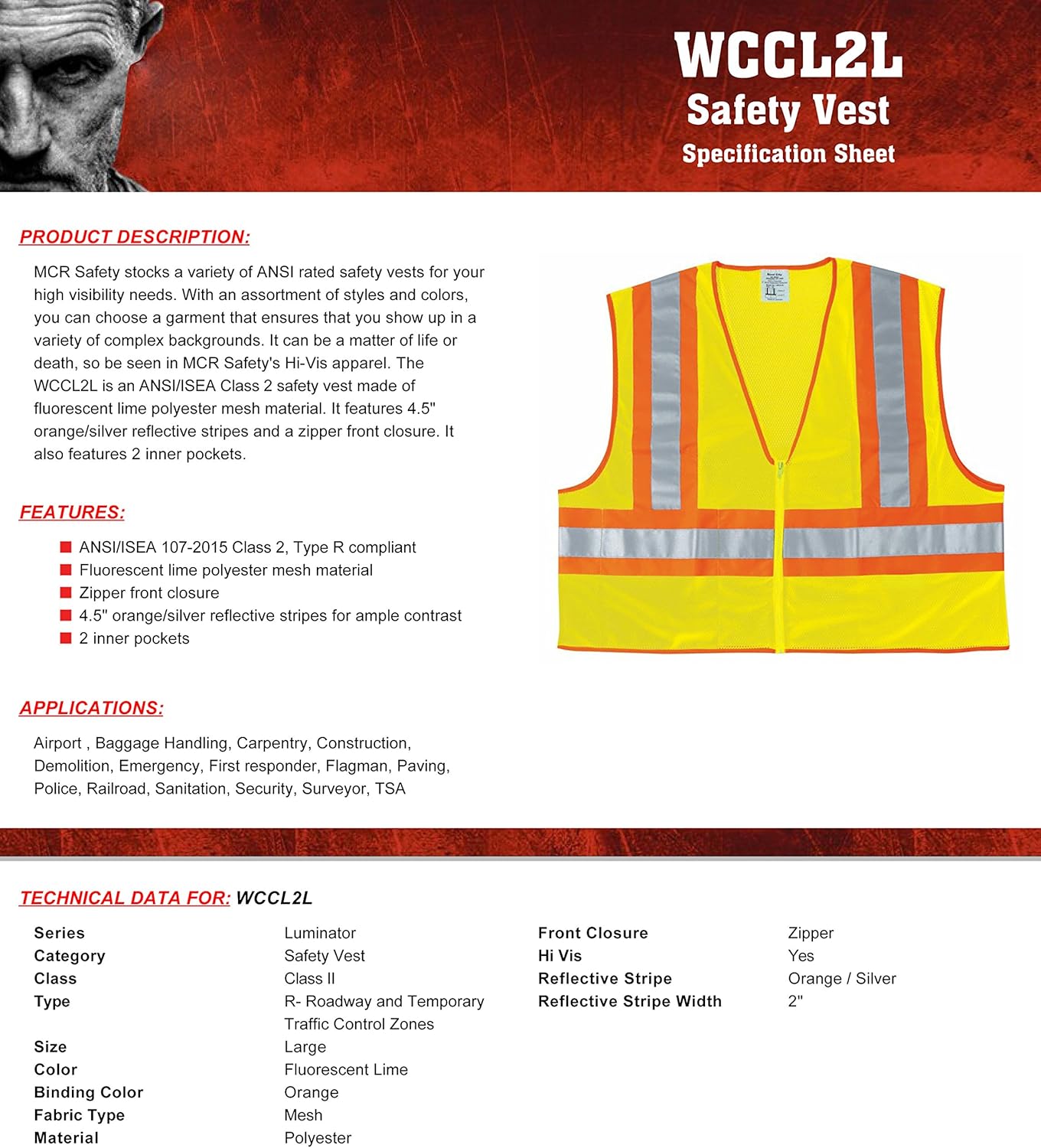 MCR Safety WCCL2LL Class 2 Polyester Mesh Safety Vest with 3M Scotchlite Fluorescent Lime Large