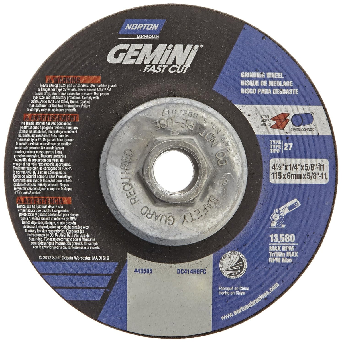 Norton 66252843585 Gemini Fast Cut Aluminium Oxide Abrasive Type 27 Grinding Wheel 4-1/2 Diameter 1/4 Thick Pack of 10