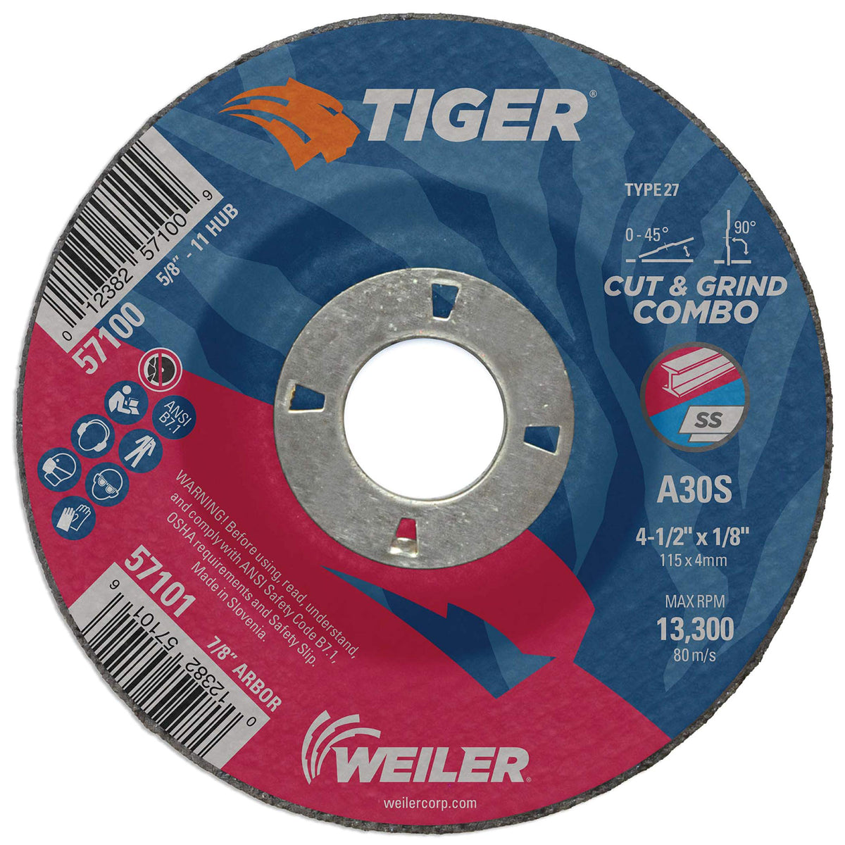 Weiler 57101 Tiger Type 27 Cut and Grind Combo Wheel 7/8 Arbor Pack of 25