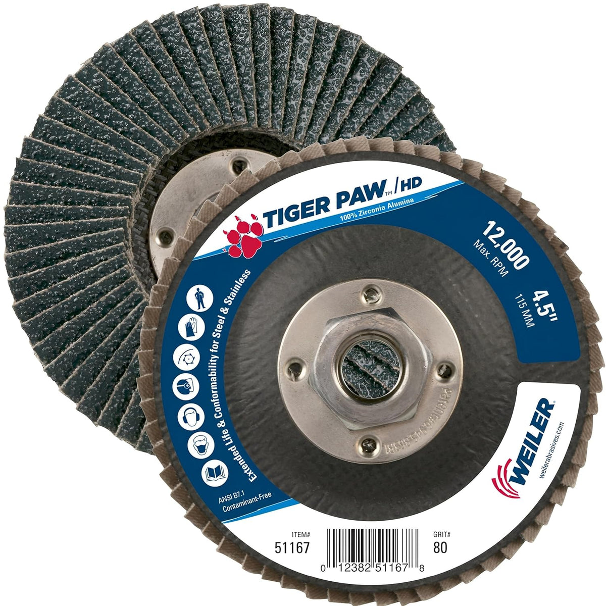 Weiler 51167 Tiger Paw XHD Super High Density Abrasive Flap Disc, 4-1/2 Inch, 80 Grit, 12000 RPM (Pack of 10)