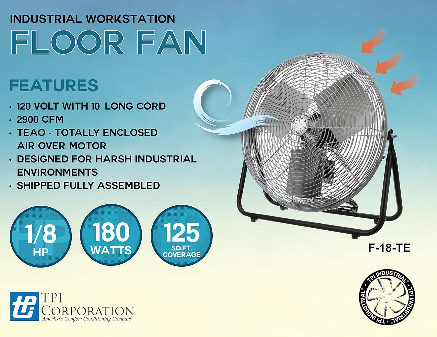 TPI F18TE Industrial Workstation Floor Fan 120 Volt 18 Inch