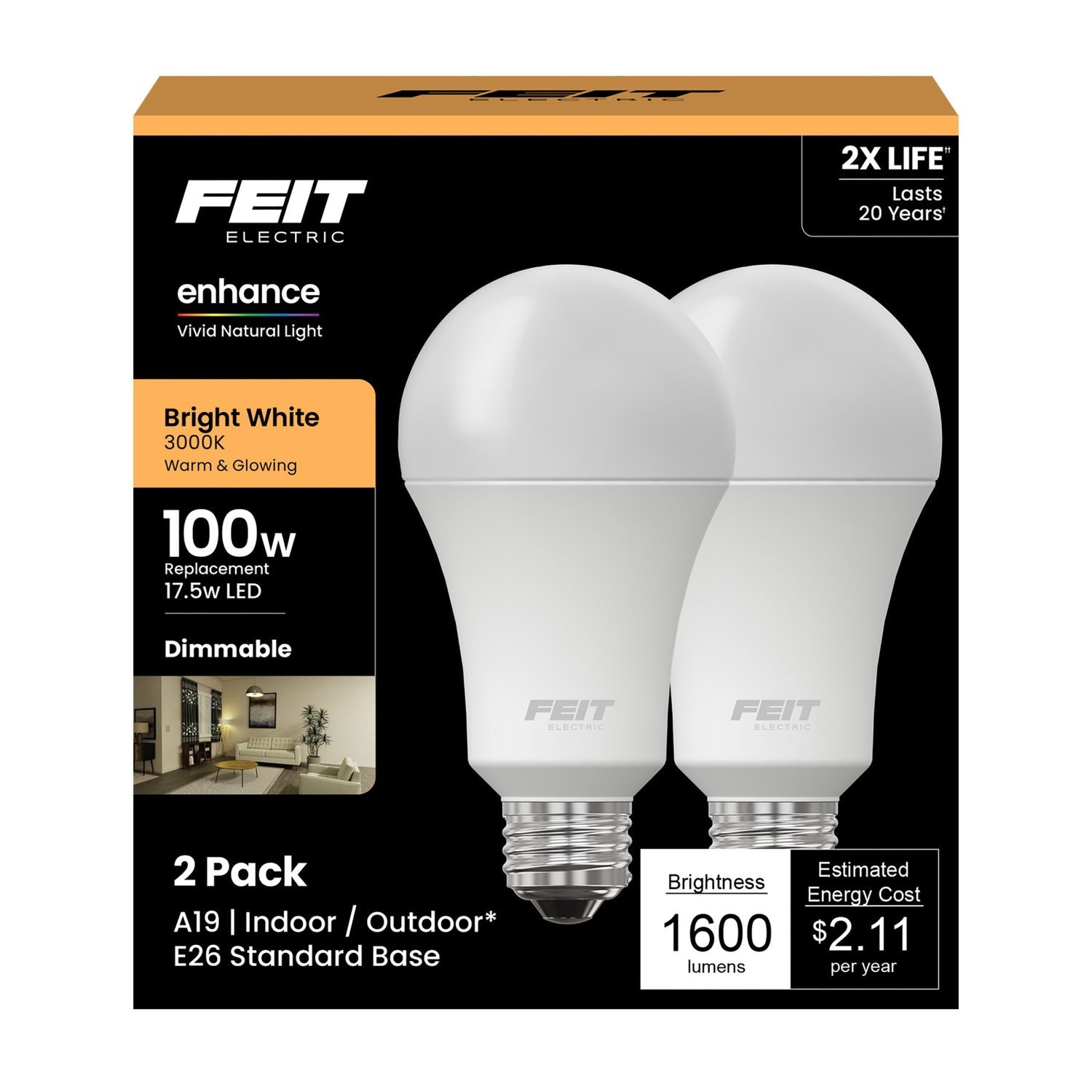 FEIT ELECTRIC Feit Electric OM100DM/930CA/2 A19 100W equivalent LED bulb 17.5W (2 pack) OM100DM/930CA/2