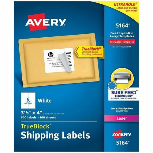 AVERY Avery AVE5164 White Laser Mailing Labels 3.33x4 in 600ct