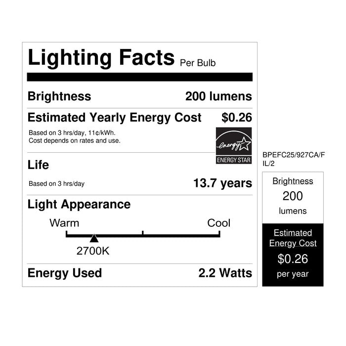 FEIT ELECTRIC Feit Electric BPEFC25/927CA/FIL/2 BA10 E26 Medium Base Dim Filament LED Bulb 2.2W (2-Pack) BPEFC25/927CA/FIL/2