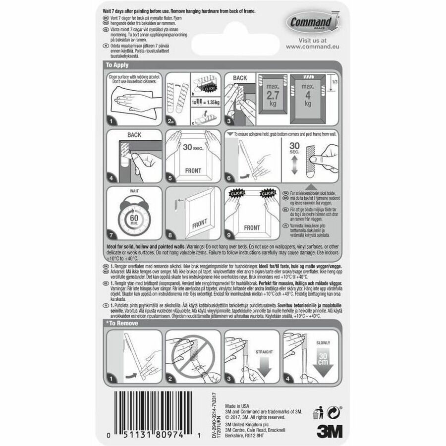 3M 3M MMM17201CABPK Command Picture Hanging Strips Holds 6 lb per pair (0.75 x 2.75 in, 50 sets/carton) 17201CABPK
