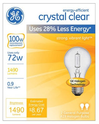 GE G E Lighting 78798 A19 Halogen Bulb 72W Clear 2 Pack