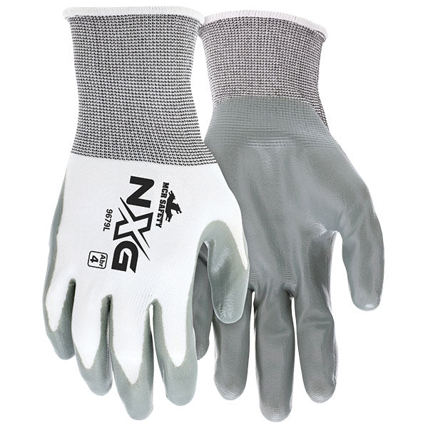 MCR Safety 9679M NXG Work Gloves, 13 Gauge White Nylon, Gray Nitrile Coated Palm/Fingertips