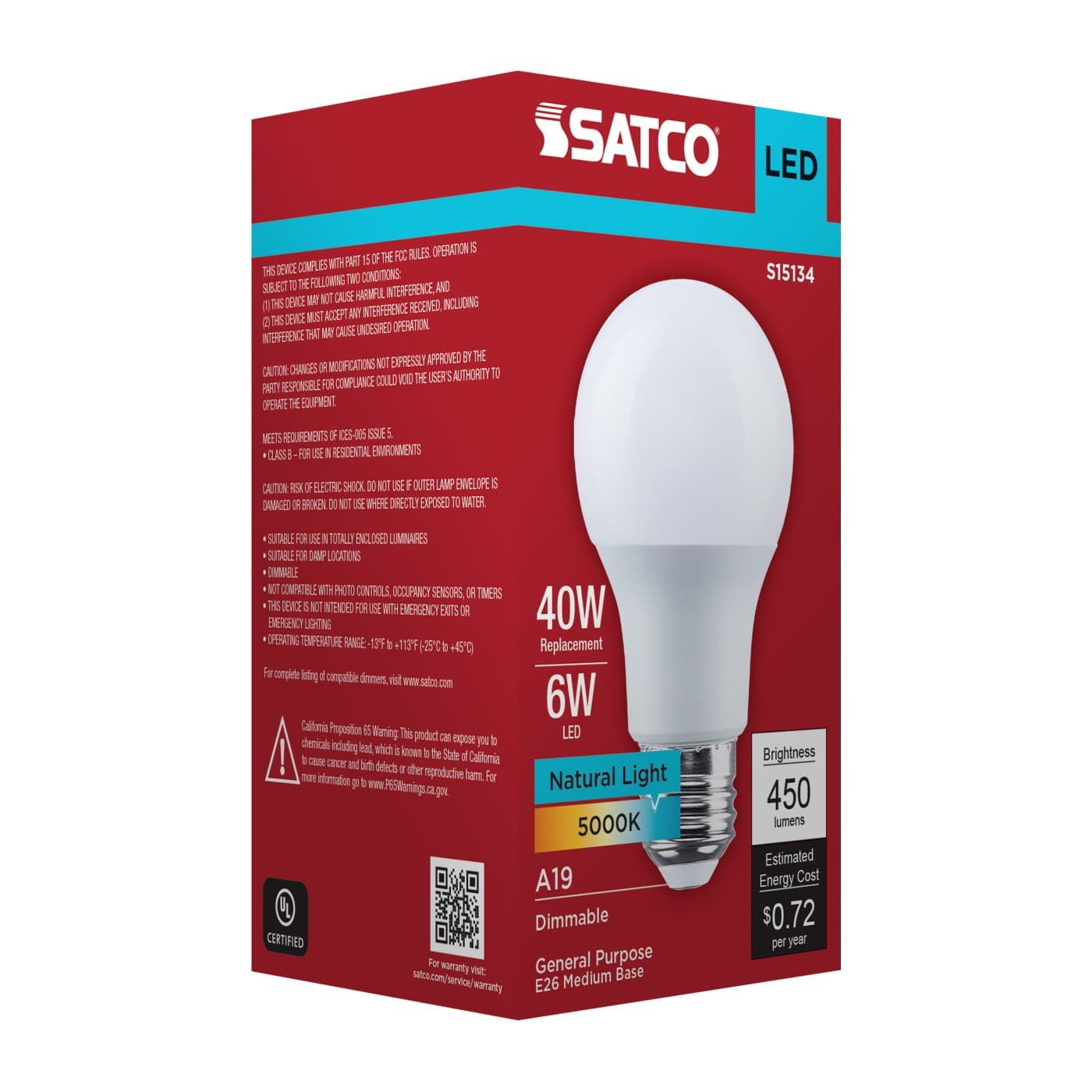 SATCO Satco S15134 A19 LED Lamp 6W (A19/180Â°) S15134