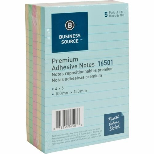 BUSINESS SOURCE Business Source BSN16501 Ruled Adhesive Notes 4x6 5-pack