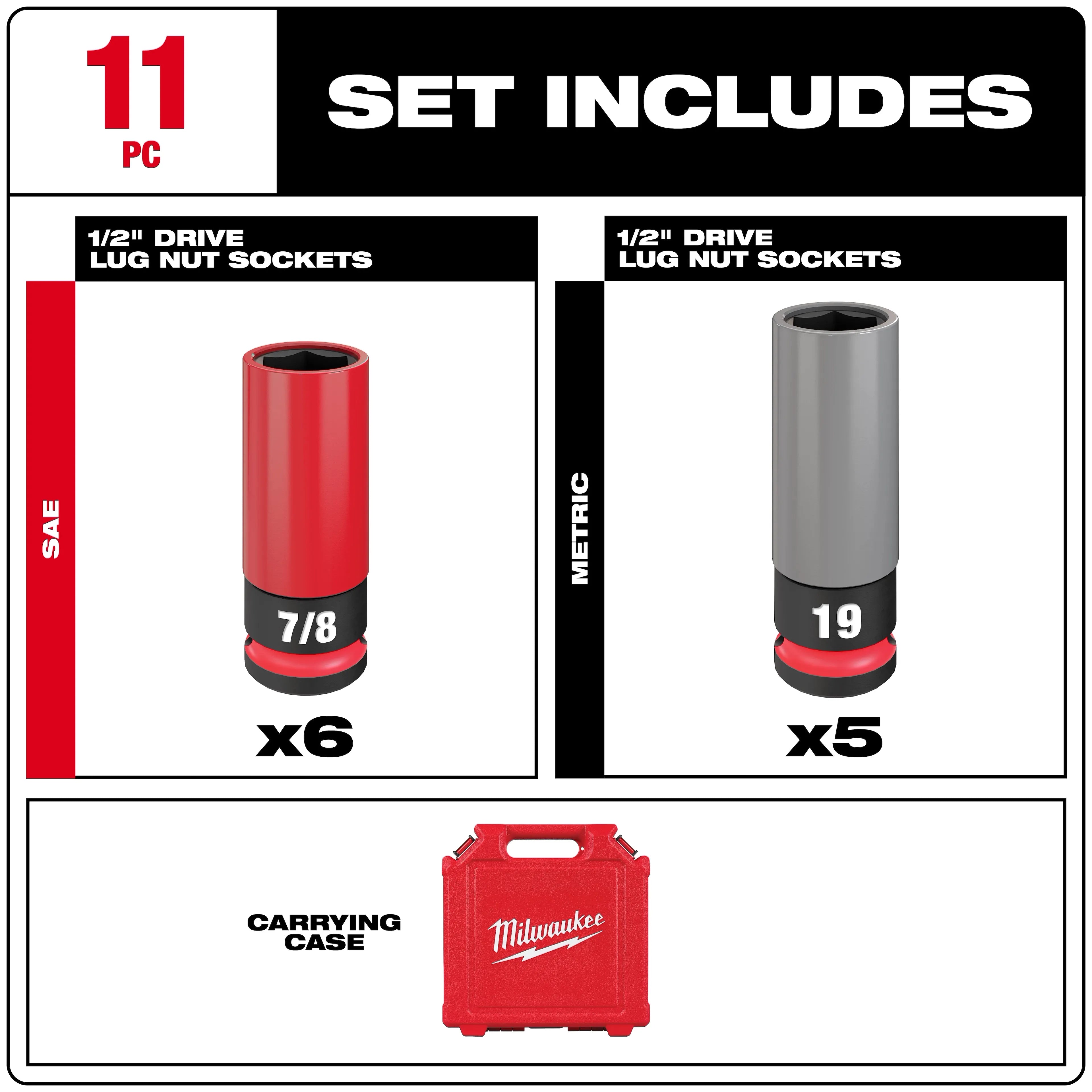MILWAUKEE Milwaukee 49-66-7833 Shockwave Impact Duty 1/2 Drive SAE and Metric 11-Piece Lug Nut Wheel Socket Set
