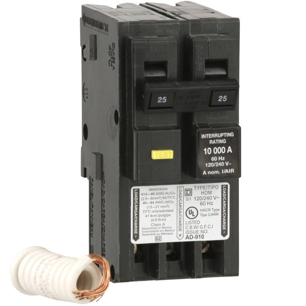 Square D HOM225GFI Miniature Circuit Breaker 25 Amp 120/240 Volt Ground Fault