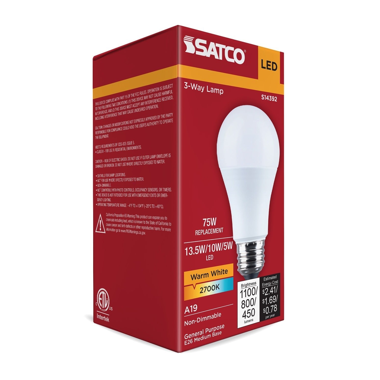 SATCO Satco S14392 3-Way A19 LED Lamp 13.5/10/5W (2.32 in) Replacement S14392