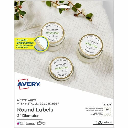 AVERY Avery AVE22875 Round Labels 2in Gold Foil Border 120 Pack