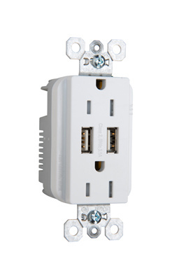 Pass & Seymour TR5262USBW 15 Amp 125 VAC NEMA 5-15R White Decorator Duplex USB Charger Receptacle