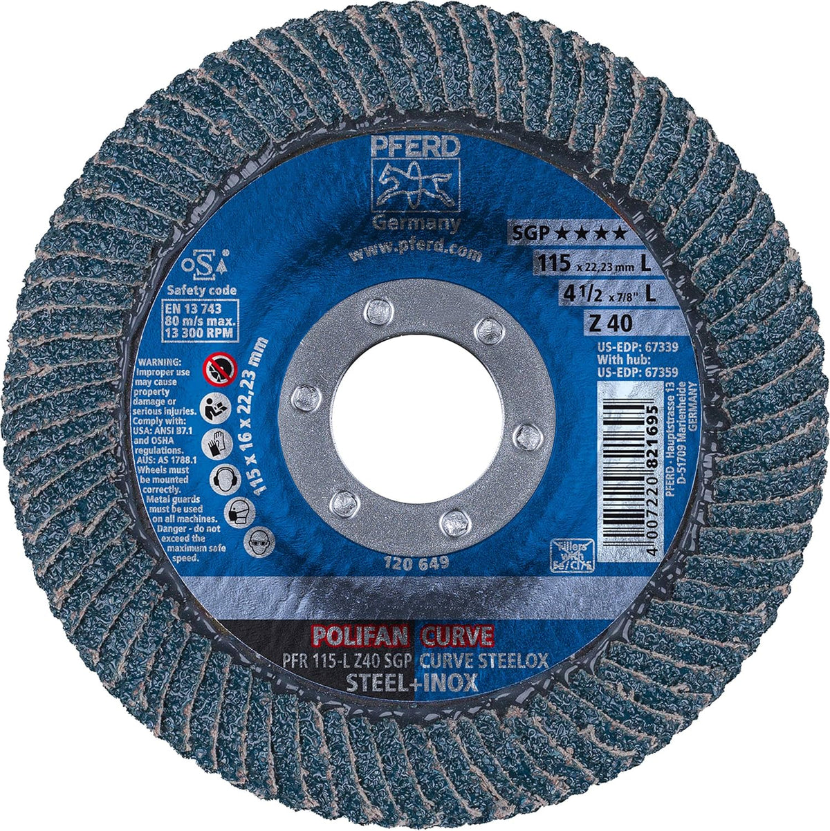 Pferd 67339 Polifan Steelox Curve Radial Type Flap Disc Zirconia Alumina 40 Grit 4-1/2 Diameter 7/8 Arbor Hole 13300 RPM