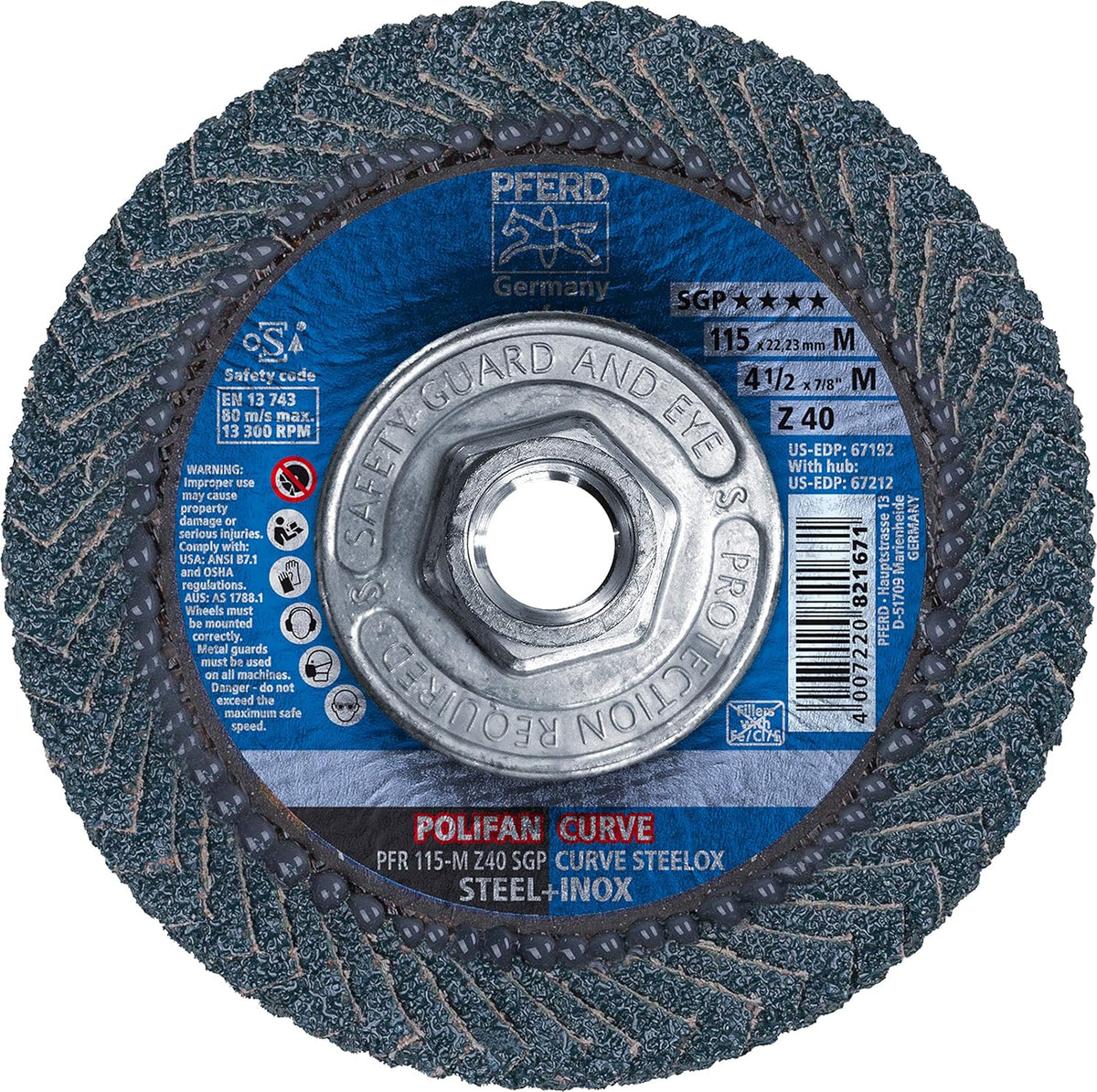 Pferd 67212 Polifan Zirkon Curve Radial Type Flap Disc, Zirconia Alumina, 4-1/2 Inch Diameter, 5/8-11 Thread, 13300 RPM, 40 Grit