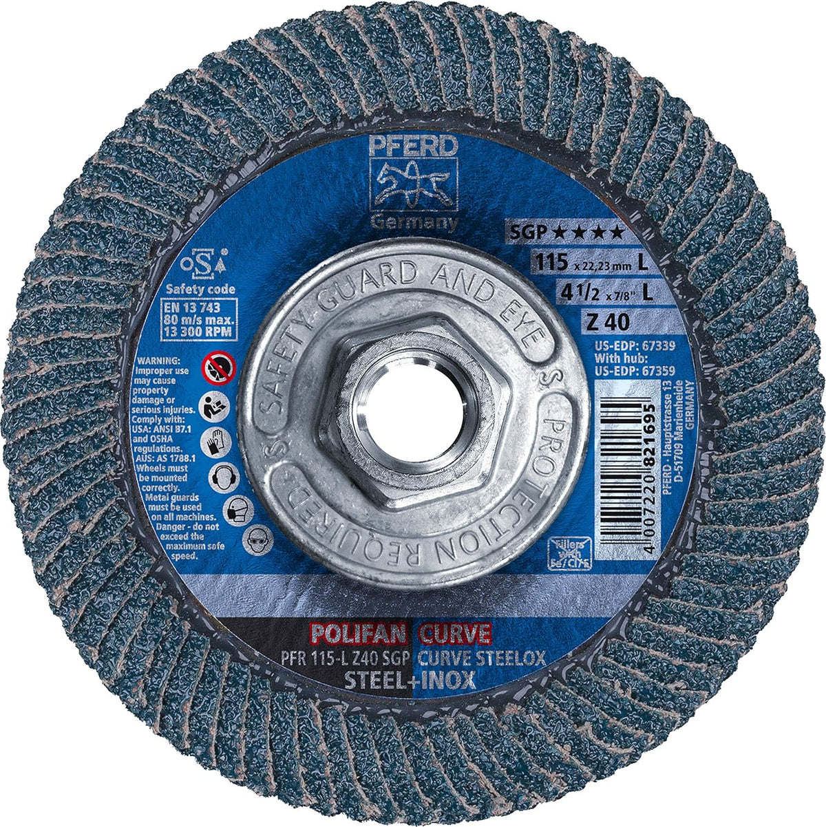 Pferd 67359 4-1/2 x 5/8-11 Polifan Curve Flap Disc SGP Zirconia 40 Grit Large Radius