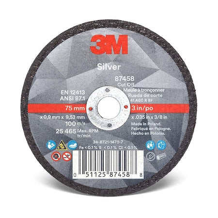 3M 7100139208 Silver Cut-Off Wheel, 87458, T1, 3 In X .035 In X 3/8 In