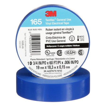 3M 7100169429 Vinyl Electrical Tape 165 Blue 3/4 x 60 ft 10PK