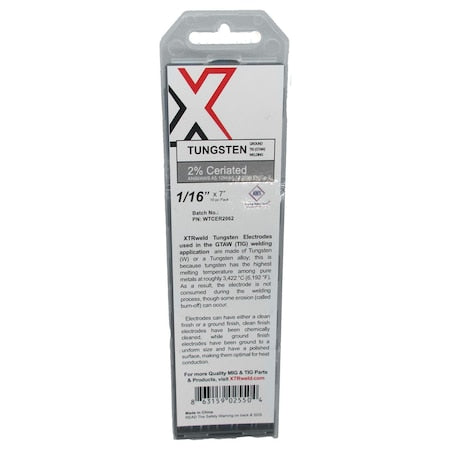 Xtrweld WTCER2040 2% Ceriated Tungsten Electrode 0.040 Gray 10PK