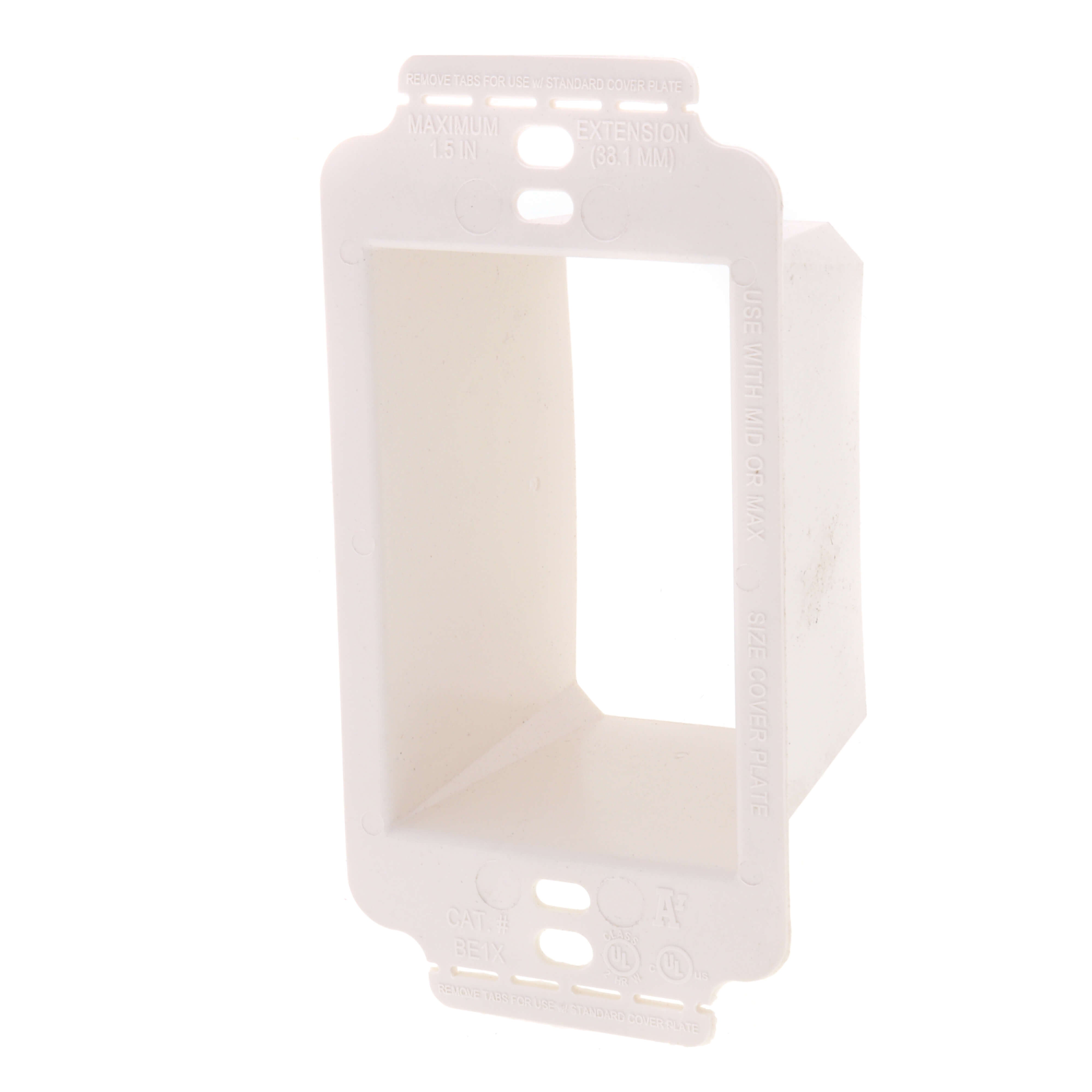 Arlington BE1X Box Extender with Larger Flange, 1 Gang, 4.628 in L x 2.325 in W x 1.813 in D, Plastic