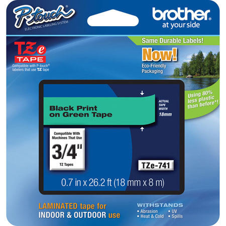 Brother TZE741 TZe Tape, Black on Green tape for P-Touch, 0.7 in 26.2 ft