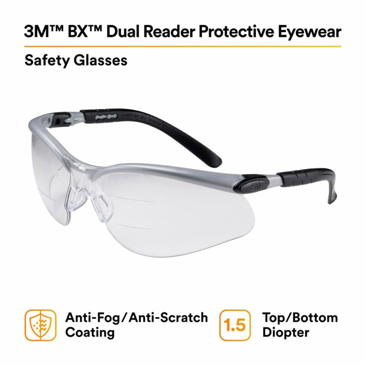 3M 7000127661 BX Eyewear Anti-Scratch/Anti-Fog Clear Lens Half-Frame Silver/Black