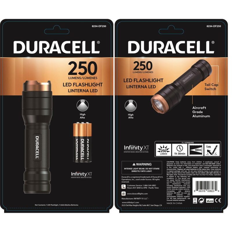 Duracell 8234-DF250  Aluminum LED Flashlight, 250 Lumens, 3 Modes, 3-AAA