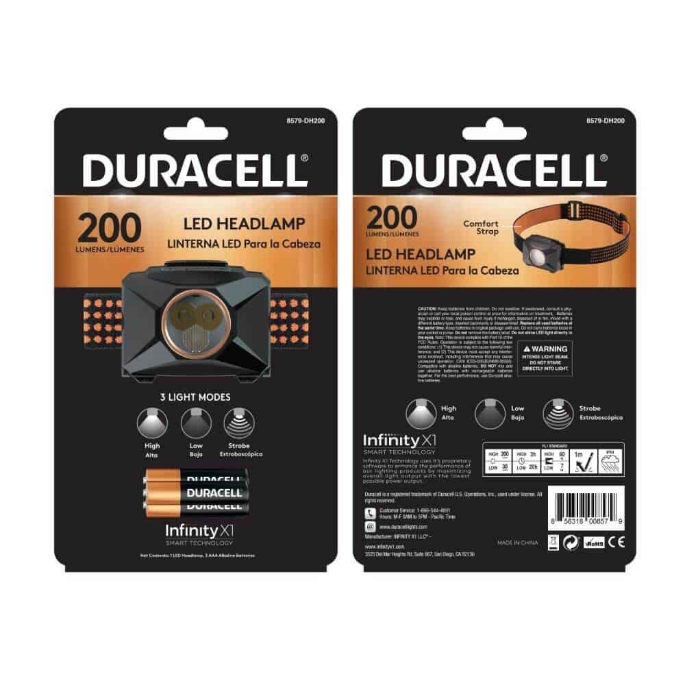 8579-DH200 Duracell 200 Lumen LED Headlamp, 3 Modes, 3-AAA Batteries