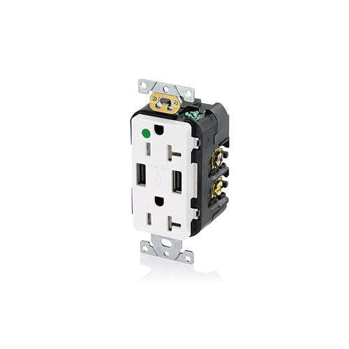 Leviton T5832-HGW Combination Tamper-Resistant Duplex Receptacle and Dual-Port USB Charger 20A-125V