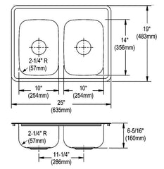 Dayton D225193 Kitchen Sink 25 x 19 x 6-5/16 Double Bowl 3-Hole Replacement MPN