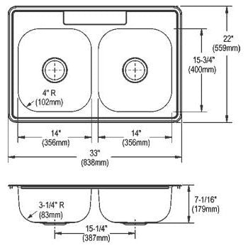 Elkay DD233224 Kitchen Sink 33 x 22 x 7-1/16 Inch 4-Hole Drop-In