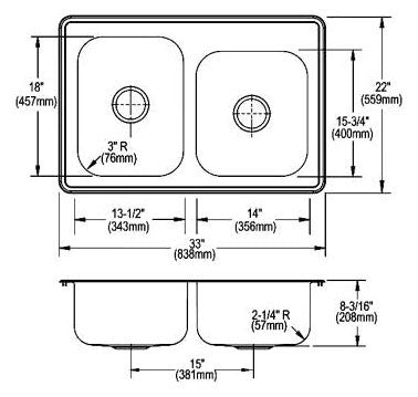 Elkay DXR250R3 Dayton Stainless Steel 33 x 22 x 8-3/16, Offset Double Bowl Drop-in Sink