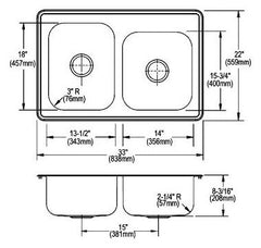 Elkay DXR250R3 Dayton Stainless Steel 33 x 22 x 8-3/16, Offset Double Bowl Drop-in Sink