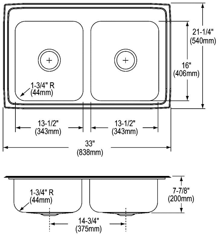 Elkay LR33213 Lustertone Classic Stainless Steel 33 x 21-1/4 x 7-7/8 3-Hole Equal Double Bowl Drop-in Sink