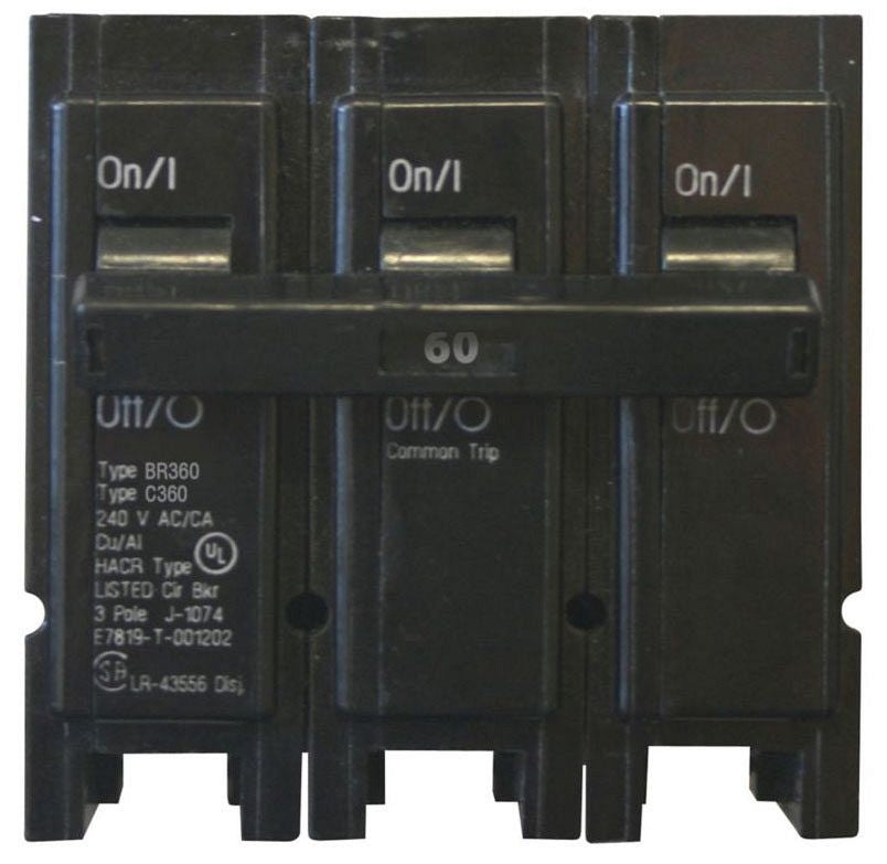 EATON BR360 Type BR Circuit Breaker, 240 VAC, 60 Amp, 10 kAIC, 3-Pole