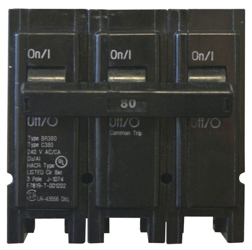 Eaton BR380 Type BR Plug-On Circuit Breaker, 240 VAC, 80 Amp, 10 kAIC, 3 Poles