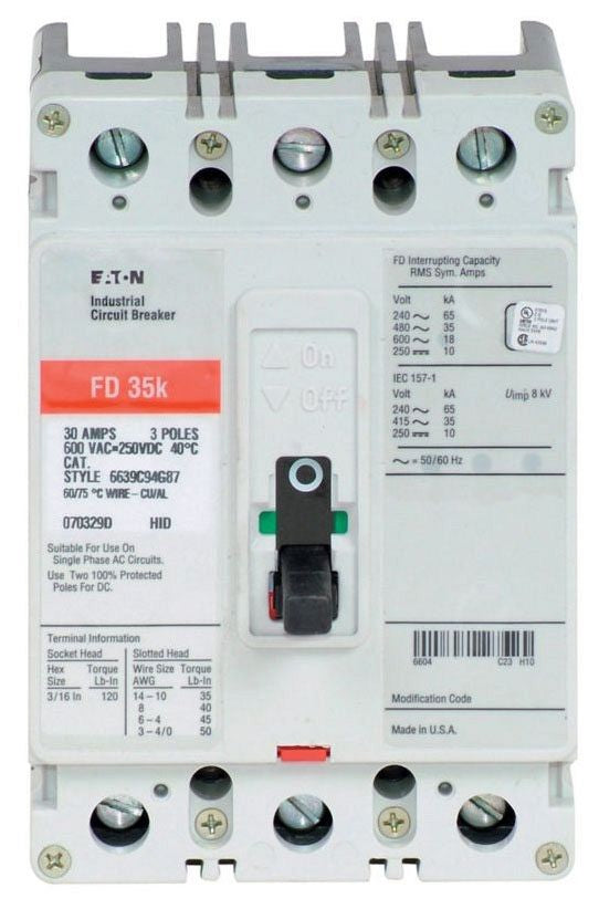 Eaton FD3060 C Series Type FD Molded Case Circuit Breaker 600 Vac/250 Vdc 60 A 65 kAIC at 240 Vac/35 kAIC at 480 Vac